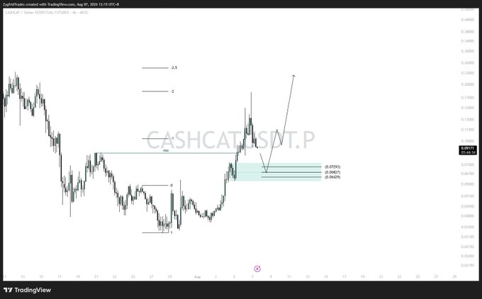 A TradingView chart of CASHCATUSDT.P shows the cryptocurrency's recent price action with retracement entry zones marked between 0.06429 and 0.07293, an upward arrow indicating a target above 0.2, and a Fibonacci retracement scale visible on the right side.