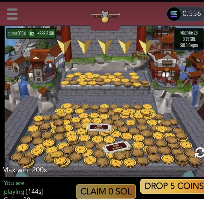 This image displays a digital coin-drop game where user "cubee0164" has a balance of "+999.2 SOL" and is playing for 144 seconds, with the next move being to "DROP 5 COINS" or "CLAIM 0 SOL". The game is played on a Japanese-themed temple board with golden coin tokens and arrows, supporting the post's claim that $SOL is up 40% and the associated NFT project is approaching 1000 SOL in earnings on-chain.