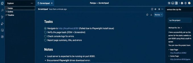 A screenshot of a Scratchpad workspace titled "Pampu — Scratchpad" shows a list of testing tasks including "Navigate to http://localhost:8080," "Verify the page loads," and "Report page summary, title, and errors," with side notes about local server setup on port 8080. The image supports the post's teaser about upcoming bullish news for $PAMPU by visually displaying active development/testing work being done on the project.