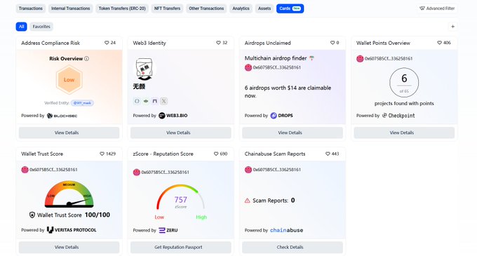 The image shows the new "Card" section on Base's official block explorer (basescan.org), featuring a dashboard of analytics tiles for address 0x6078b5cc...336258161, including a "Low" Address Compliance Risk (34 favorites), Web3 Identity (32), 6 claimable Multichain airdrop airdrops worth $14, Wallet Points Overview showing 6 of 65 projects, a perfect Wallet Trust Score of 100/100 from Veritas Protocol, a zScore Reputation Score of 757 (Low to High), and 0 Chainabuse scam reports.