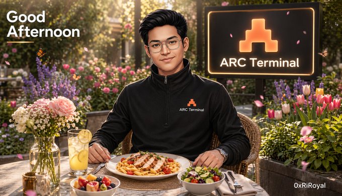 A young man wearing glasses and a black 'ARC Terminal' quarter-zip pullover sits at an outdoor dining table with a meal of pasta, salad, and lemonade; the graphic reads 'Good Afternoon' with an 'ARC Terminal' logo and '0xRiRoyal' watermark.