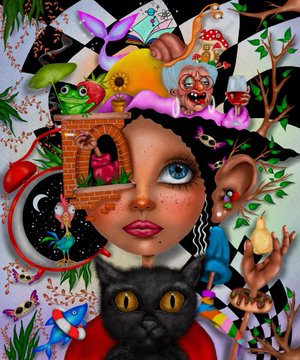 A colorful surrealist digital artwork featuring a large central face with blue eyes surrounded by whimsical elements including a frog, mushrooms, flowers, a black cat, and various decorative objects against a black background.