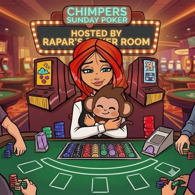 A cartoon illustration advertises 'CHIMPERS SUNDAY POKER HOSTED BY RAPAR'S POKER ROOM' featuring a red-haired woman holding a smiling monkey at a casino poker table.