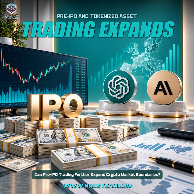 A promotional graphic featuring stacks of $100 bills, golden "IPO" letters, and AI and OpenAI logos arranged on a desk with stock charts and financial documents, displaying the headline "PRE-IPO AND TOKENIZED ASSET TRADING EXPANDS" and the subtitle "Can Pre-IPO Trading Further Expand Crypto Market Boundaries?" alongside the NACE website. The image visually reinforces the post's theme by symbolizing the convergence of traditional IPO wealth, AI technology (OpenAI), and emerging tokenized asset markets tracked by NACE.