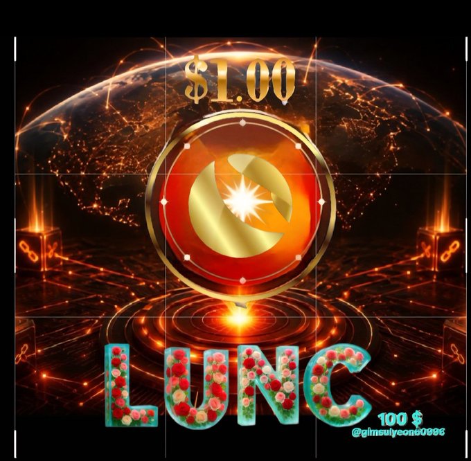 A digital artwork features "LUNC" displayed in floral letters alongside "$1.00" and "100$ @jinuulveon69696," centered around a glowing golden emblem against a cosmic Earth backdrop. The image's themes of hope and despair, along with the 100$ text, visually reinforce the post's lament about LUNA Classic's volatile price cycles.
