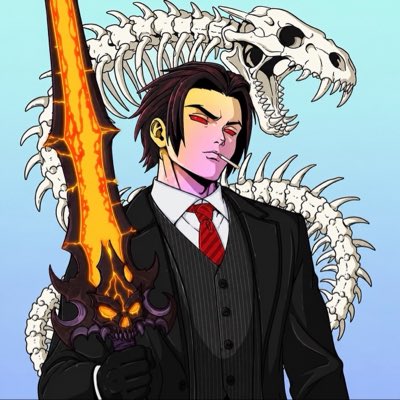 An anime-style illustration of a stern man in a black suit and red tie holding a flaming sword, standing in front of a large skeletal dragon.