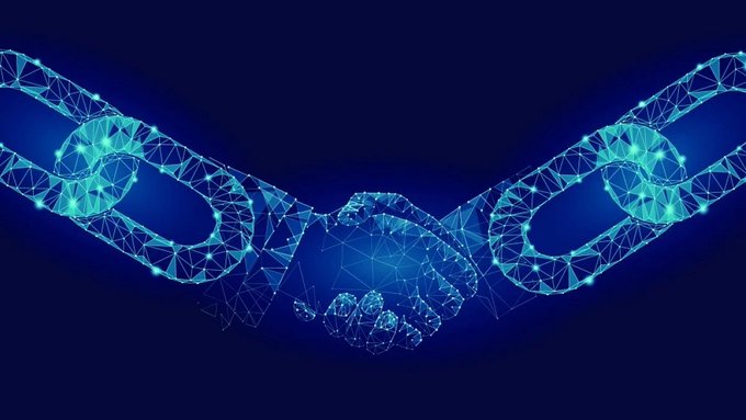 Digital illustration of a glowing blue blockchain-themed chain with a handshake imagery in the center, symbolizing crypto partnerships against a dark blue background.