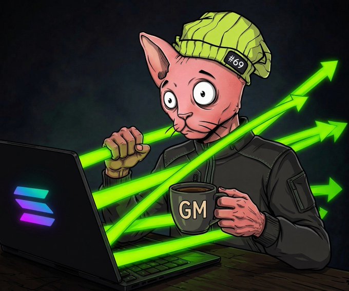 A cartoon illustration of a hairless cat wearing a green beanie labeled "#69" sitting at a laptop with a "GM" coffee mug, surrounded by green upward arrows and the Solana logo.