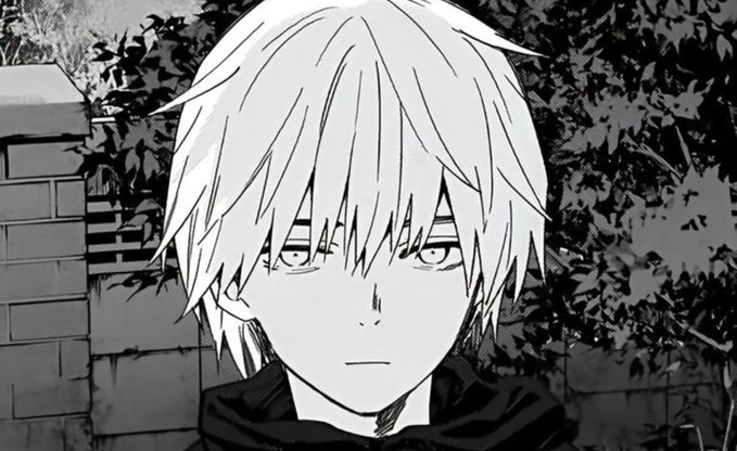 A black-and-white anime-style illustration of a young man with white hair and a neutral expression, standing outdoors near a brick wall and leafy bushes.