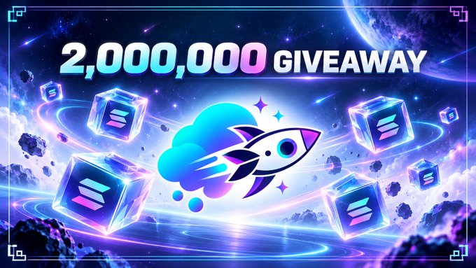A vibrant space-themed promotional graphic announces a "2,000,000 GIVEAWAY" featuring a rocket ship, floating Solana-branded cubes, and cosmic imagery, aligning with the post's announcement of a 2 million USDT giveaway from NUVEX FAMILY for 4,000 winners.