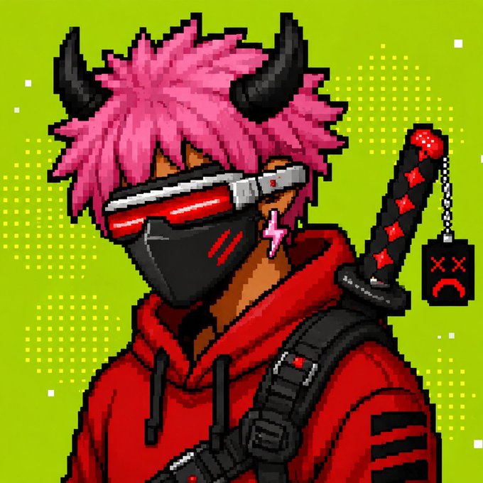 Pixel art depicts a character with pink hair, black horns, red visor, and black face mask wearing a red hoodie, with a black katana featuring a sad face tag on the hilt.