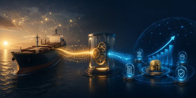 A composite digital artwork depicting a cargo ship at sea on the left connected by flowing light streams to a central display of gears and an upward arrow with financial and institutional icons on the right.