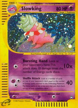 A holographic Slowking Pokémon trading card (Stage 1, 80 HP) featuring the "Bursting Hand" attack that deals 10× the number of Energy cards attached, with the card itself dated 2002, illustrating how long fans have waited to finally see this powerful attack make an appearance.