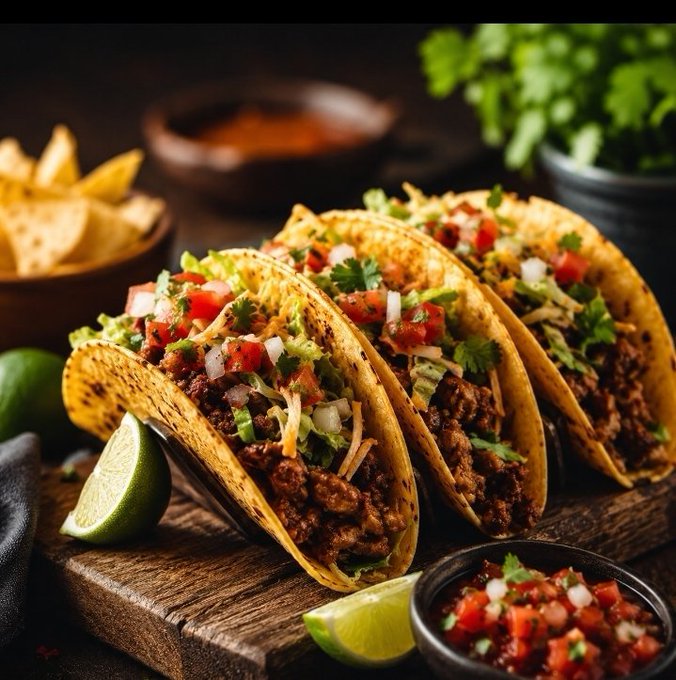 A close-up photo of three street-style tacos filled with meat, lettuce, tomato, and cilantro, served with lime wedges, salsa, and tortilla chips.
