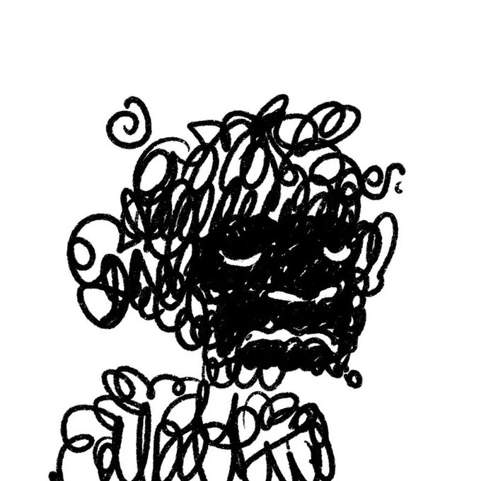 A black ink scribble drawing depicts a face with an angry expression, framed by wild, curly loops of hair, with additional dense scribbling forming a body below. The chaotic linework gives the portrait an intense, agitated quality.