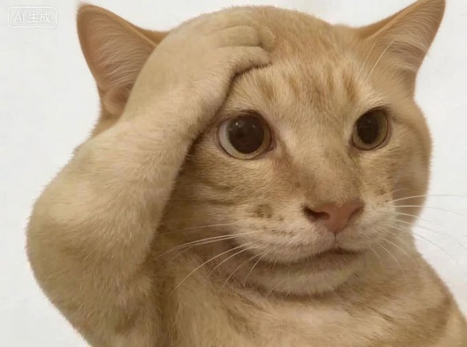 An orange tabby cat holds its paw to its forehead in a facepalm gesture, looking wide-eyed at the camera.