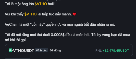A dark-themed social media post in Vietnamese declaring someone a '$VTHO bull', with a token profile for 'VTHOUSDT' showing a PNL of +12,479.45 USDT.