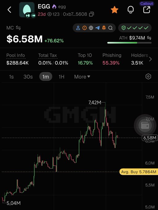 A cryptocurrency tracking interface showing the token EGG with a market cap of $6.58M (+76.62%), an ATH of $9.74M, a Pool Info of $288.64K, 0.01% Total Tax, Top 10 holdings at 16.79%, Phishing score 55.39%, and 3.51K holders, displaying a 1-month price chart.