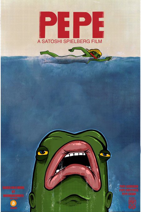 A stylized movie poster titled 'PEPE - A SATOSHI SPIELBERG FILM' depicting the iconic green Pepe the Frog character underwater with his mouth wide open, with a swimmer above.