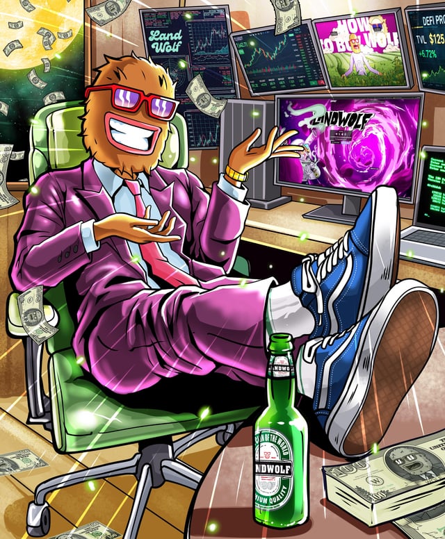 The image features a cartoon character dressed in a suit, sitting in an office chair with his feet up. The character has a pair of blue shoes and a green beer bottle next to him. There are also stacks of money visible in the background. The caption for this image reads "Be right & sit tight. ethereum:0x67466be17df832165f8c80a5a120ccc652bd7e69 🐺". This suggests that there might be a connection between the character's attire and the cryptocurrency market, possibly indicating an office job related to finance or trading.