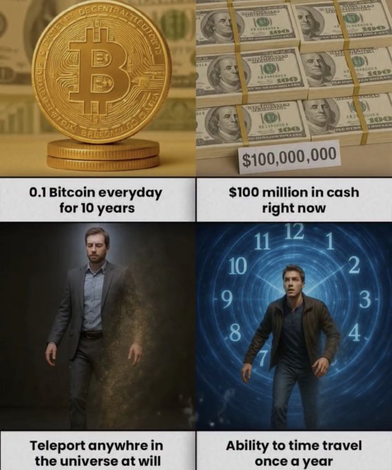 A four-panel image comparing hypothetical choices: '0.1 Bitcoin everyday for 10 years,' '$100 million in cash right now,' 'Teleport anywhre in the universe at will,' and 'Ability to time travel once a year.'