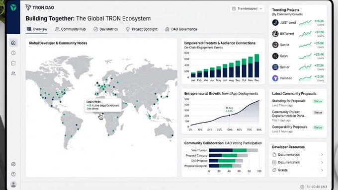 The image shows a TRON DAO dashboard titled "Building Together: The Global TRON Ecosystem," featuring a world map highlighting developer nodes (with Lagos marked as having 95 active dApp developers), alongside charts showing empowered creators and audience connections (850), entrepreneurial growth of 36 new dApp deployments (up 34%), and community collaboration voting participation metrics.

This dashboard visually reinforces the post's message by quantifying the human-driven evolution of Web3, showcasing how developers (global node distribution), entrepreneurs (dApp deployment growth), and creators (empowered creators metrics) form the backbone of TRON's decentralized ecosystem.