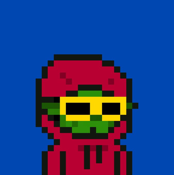 Pixel art illustration of a red ninja-like character with yellow goggles and a green face mask on a blue background.