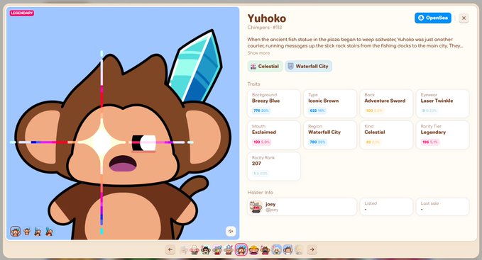 A character profile page for 'Yuhoko,' a Chimpers NFT #76, displaying traits like Breezy Blue and Waterfall City, with the 'OpenBox' button visible.