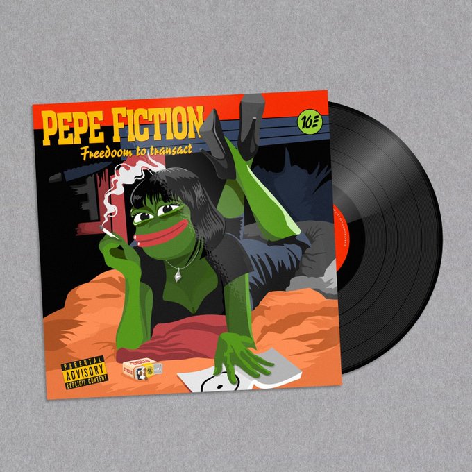 An illustrated album cover titled 'PEPE FICTION' with the tagline 'Freeboom to transact' featuring a female Pepe character smoking a cigarette, shown alongside a black vinyl record with a '10=' sticker and a Parental Advisory Explicit Content label.