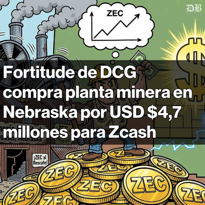 A Spanish-language news illustration showing a miner standing on gold coins labeled 'ZEC', with a factory in the background and text reading 'Fortitude de DCG compra planta minera en Nebraska por USD $4,7 millones para Zcash'.