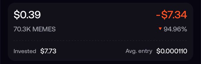 A cryptocurrency portfolio screenshot showing a meme coin token at $0.39 with 70.3K memes held, down -$7.34 or 94.96%, with an average entry price of $0.000110 and $7.73 invested.