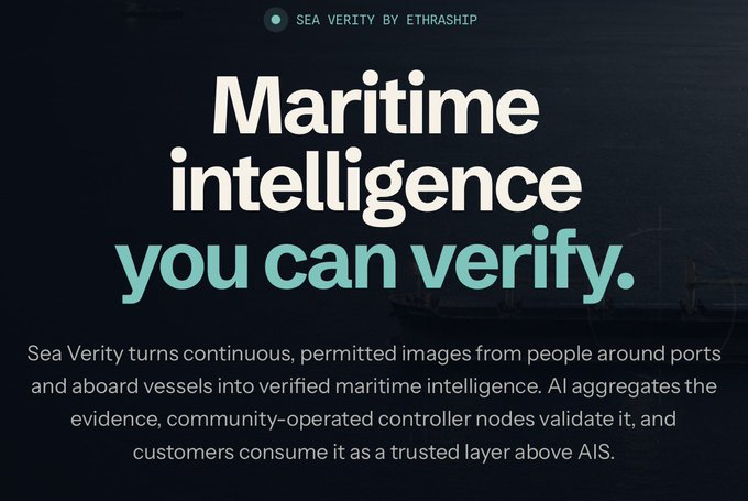A dark promotional graphic for Sea Verity by Ethraship reading "Maritime intelligence you can verify," explaining how the AI platform aggregates permitted imagery from ports and vessels as a trusted layer above AIS.