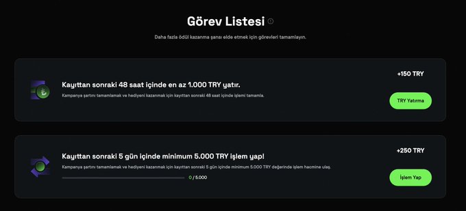 The image shows a Turkish task list (Görev Listesi) on CoinTR with two rewards: +150 TRY for depositing 1,000 TRY within 48 hours of registration, and +250 TRY for making 5,000 TRY in trading volume within 5 days, with a progress bar showing 0/5,000—matching the advertised campaign for a 400₺ total reward on Kur+ via cointr.com.