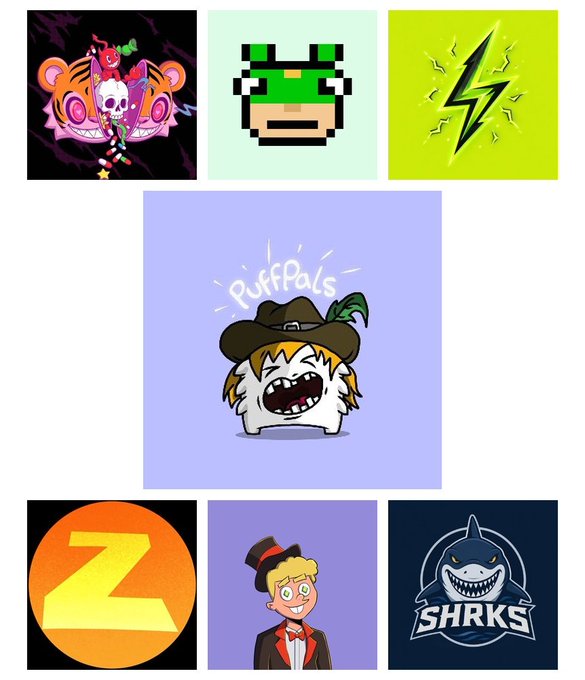 A collage of six distinct digital illustrations and logos, including a 'PuffPals' character, a masked face, a 'Z' logo, and a 'SHRKS' shark emblem.