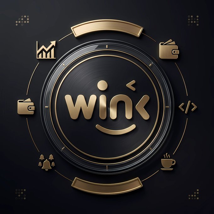 A luxurious black and gold circular emblem displays the word 'win' with a smiley face design, surrounded by gold icons including a growth chart, wallet, code brackets, coffee cup, and bells.