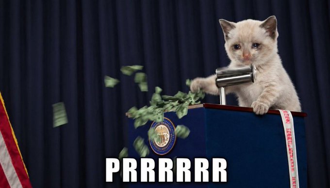 A meme image featuring a white cat behind a podium (resembling the presidential seal) operating a money printing device that spits out cash, with the text 'PRRRRRRR' at the bottom.