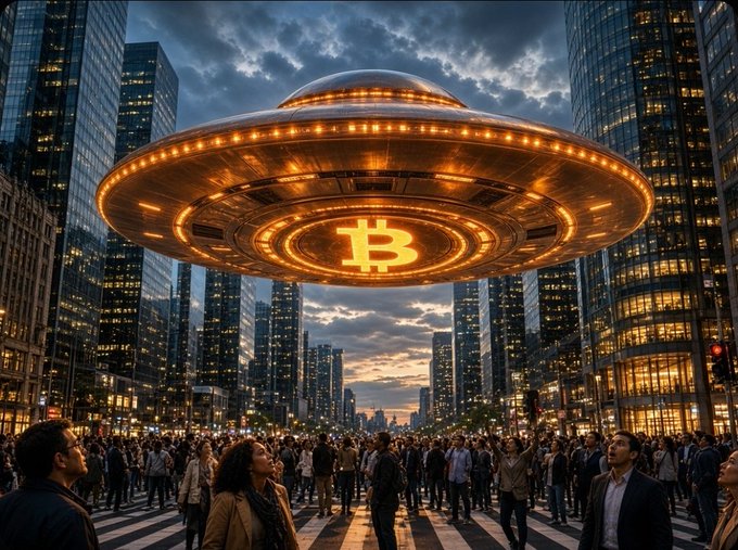 A surreal cityscape featuring a large glowing UFO with a Bitcoin "₿" symbol hovering above a crowd of people on a crosswalk, surrounded by skyscrapers at dusk.