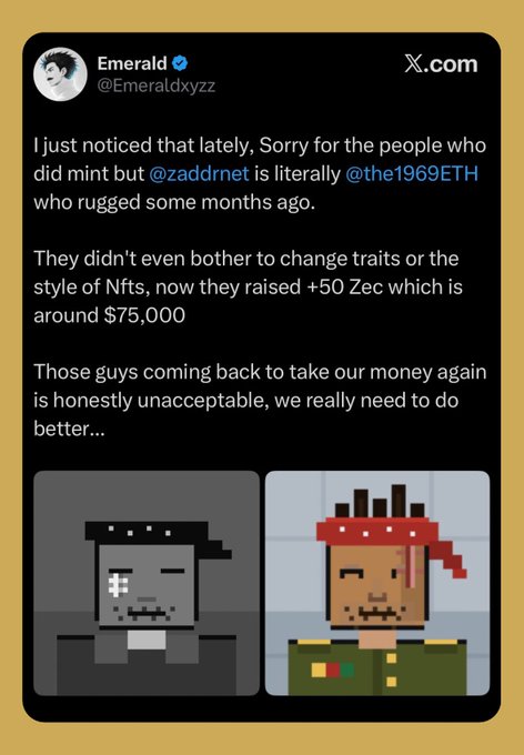 A screenshot of an X.com post by user 'Emerald' (@Emeraldxyz) discussing NFTs and mentioning '@zaddrnet' and '@the1969ETH,' accompanied by two pixel-art character portraits.