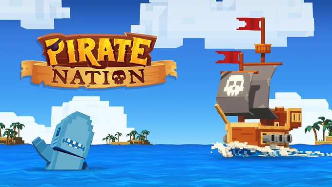 A vibrant video game illustration for 'PIRATE NATION' featuring pixelated art of a wooden pirate ship with a Jolly Roger sail on a blue ocean, with a stone creature's head emerging from the water near tropical islands.