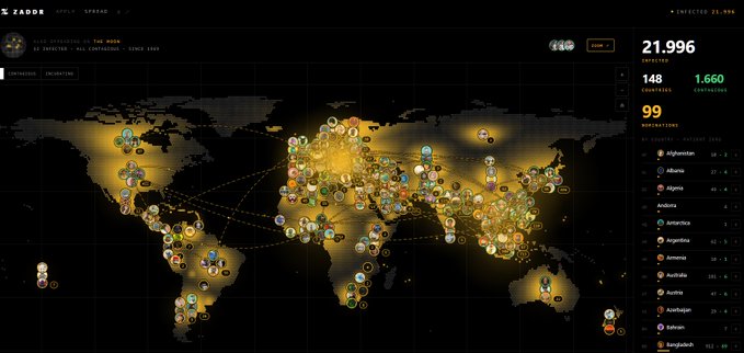 A world map interface titled 'ZADAR' showing monitoring of 21,996 entities across 148 countries, with a sidebar listing countries like Afghanistan, Albania, and Algeria.