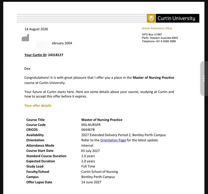 A letter from Curtin University offering admission to the Master of Nursing Practice (MG-NURSPR), with a course start date of 05 July 2027 at the Bentley Perth Campus. The offer relates to the poster's announcement about going to Australia next July to study.