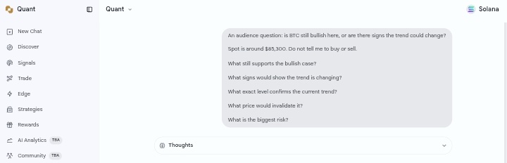 Quant AI interface on Solana showing an audience question asking whether BTC is still bullish at $85,300 with follow-up questions about trends and risks.