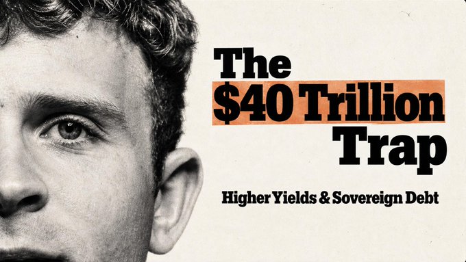 The image shows a black-and-white close-up of a man's face alongside bold text reading "The $40 Trillion Trap" with "Higher Yields & Sovereign Debt" as the subtitle, promoting a discussion featuring Jack Mallers about the challenges of $40 trillion in US sovereign debt and rising yields.