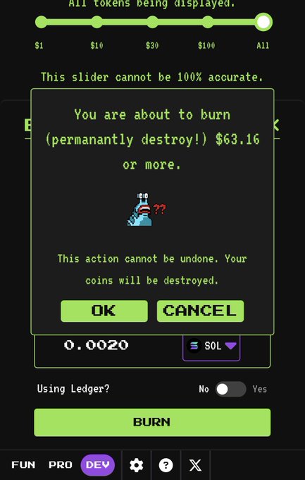 A user attempts to burn $63.16 worth of SOL tokens but cancels the transaction, shown alongside a "BURN" button interface on a memecoin platform with FUN, PRO, and DEV modes selected. The image relates to the post about a developer burning supply to reward holders, depicting the token-burning feature in action.