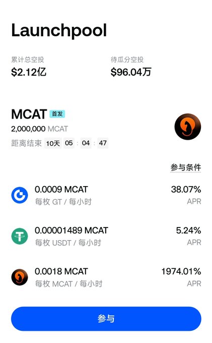 A mobile app screen for 'Launchpool' featuring MCAT token with 2,000,000 MCAT available, showing total investment of $2.12亿 and various APR rates.
