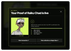 The image shows a confirmation screen for claiming an NFT titled "Your Proof of Raiku Chad is live," featuring a cartoon character with sunglasses and a crown against a green background. The screen displays a status message stating that the NFT is no longer available because the 24-hour claim window has passed, matching the caption's note about the claiming period being closed.