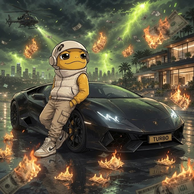 A digital illustration of a Pepe-style frog character wearing a white tracksuit and leaning against a black Lamborghini with a 'TURBO' license plate, surrounded by burning money, lightning, and a helicopter.