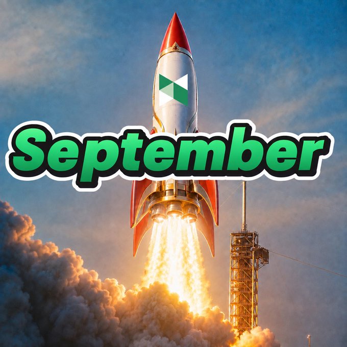 An illustration shows a red and white rocket launching with flames and smoke, overlaid with the word "September" in bold green bubble letters with a white outline.
