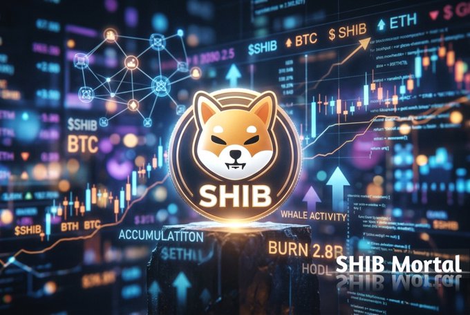 A Shiba Inu mascot coin labeled "SHIB" floats above a platform inscribed "ACCUMULATION" and "BURN 2.8," surrounded by candlestick charts, network nodes, and exchange data showing whale activity and BTC/SHIB pairings—visually reinforcing the caption's message that quiet periods of accumulation and token burns are setting the stage for smart money to build positions.