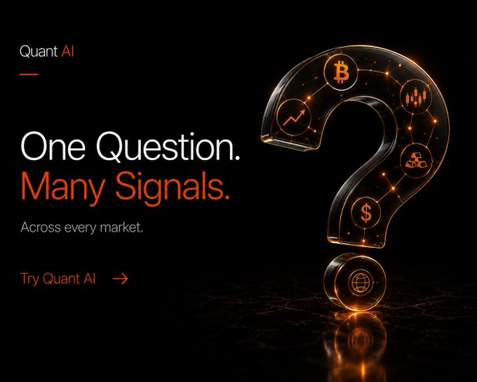 The image features a large glass question mark with various symbols representing different financial indicators such as Bitcoin, stocks, gold, forex, and other market trends. The text above the image reads "One Question. Many Signals." This suggests that there is a single question being asked about multiple financial topics. The post also includes an image of the question mark and some text below it, which provides context on how to use the platform and what kind of signals are available for analysis.